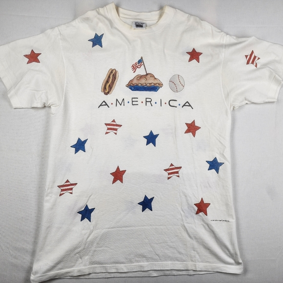 1998 Rel-e-Vant America Apple Pie Baseball Hotdog Shirt with Stars Large Vintage - Picture 1 of 6